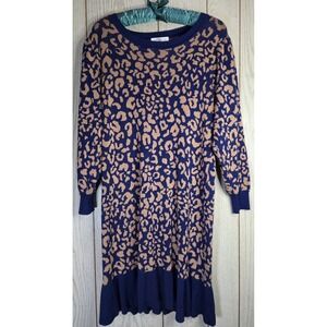 Blue Orchid Womens Leopard Print Sweater Dress Navy Blue Tan Ruffle Hem Large